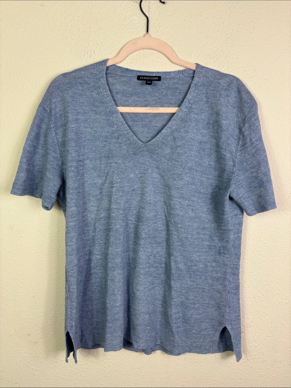 Eileen Fisher 100% Linen Dusty Blue Short Sleeve Knit Top size XS